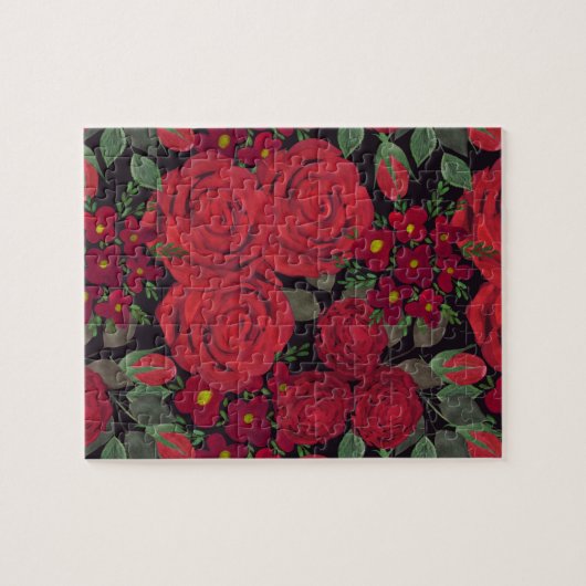Waterverf rode rozen op zwart, legpuzzel (Horizontaal)
