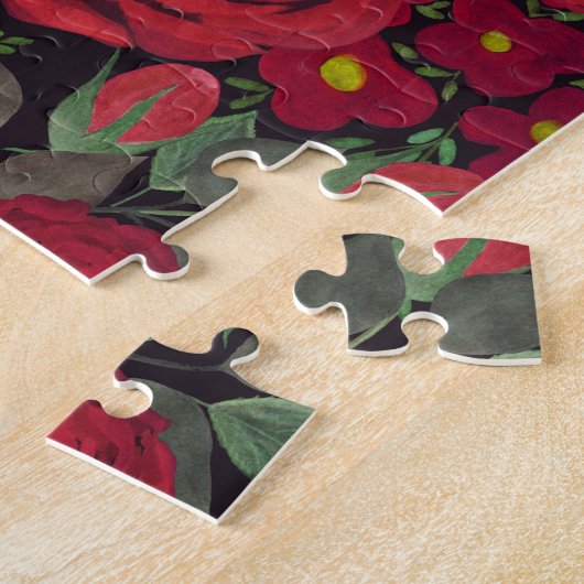 Waterverf rode rozen op zwart, legpuzzel (Zijkant)