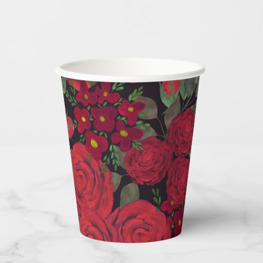 Waterverf rode rozen op zwart, papieren bekers (Voorkant)