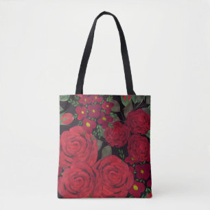 Waterverf rode rozen op zwart, tote bag