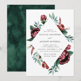 Waterverf Rode Rozen & Paarse Bloemen Frame Trouwk Kaart