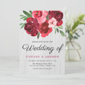 Waterverf Rode rozen Rustic Wedding Invite Kaart (Staand voorkant)