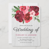 Waterverf Rode rozen Rustic Wedding Invite Kaart (Voorkant)