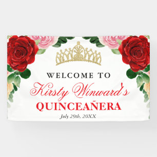 Waterverf Rode Rozen Welkom Quinceanera Spandoek