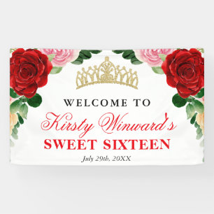 Waterverf Rode Rozen Welkom Sweet Sixteen Spandoek