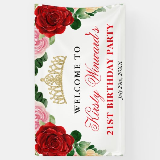 Waterverf rode rozen welkom verjaardagsfeestje spandoek (Verticaal)