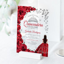 Waterverf Rode Rozen Zilver Quinceanera