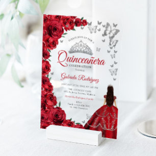 Waterverf Rode Rozen Zilver Quinceanera Acryl Uitnodigingen