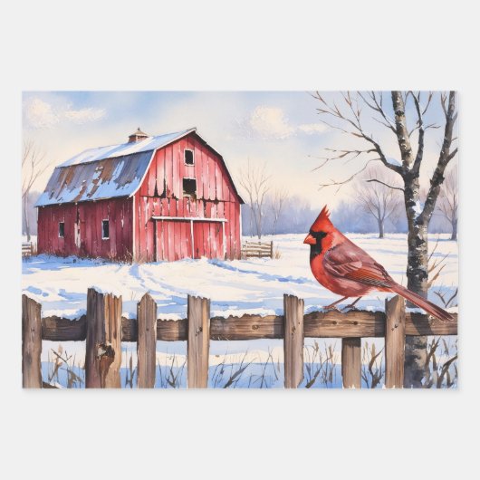 Waterverf Rode Schuur en Kardinaal Winter Decoupag Inpakpapier Vel (Voorkant)