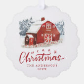 Waterverf Rode Schuur Vrolijk Kerstfeest Foto Ornament Kaart (Voorkant)
