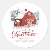 Waterverf Rode Schuur Vrolijk Kerstfeest Ronde Sticker (Voorkant)