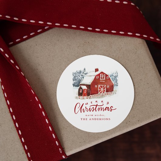Waterverf Rode Schuur Vrolijk Kerstfeest Ronde Sticker