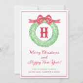 Waterverf Rode Stip Lint Monogram Krans Feest Feestdagenkaart (Voorkant)