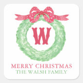 Waterverf Rode Stip Lint Monogram Krans Vierkante Sticker (Voorkant)
