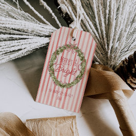  Waterverf rode strepen kerstkrans Cadeaulabel