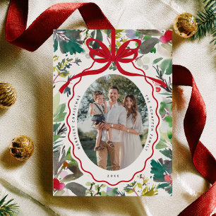 Waterverf Rode Strik Kerst Ornament Foto Kaart