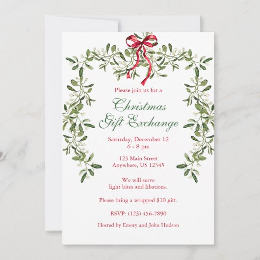 Waterverf Rode strik Mistletoe Garland Kerst Kaart (Voorkant)