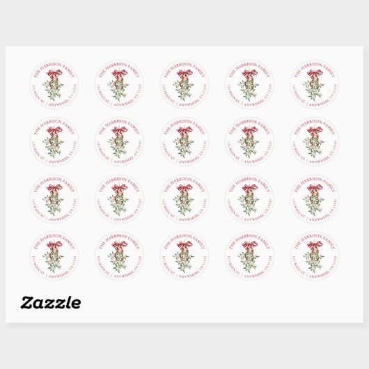 Waterverf Rode strik Mistletoe Kersttoespraak Ronde Sticker (Vel)