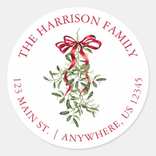 Waterverf Rode strik Mistletoe Kersttoespraak Ronde Sticker (Voorkant)