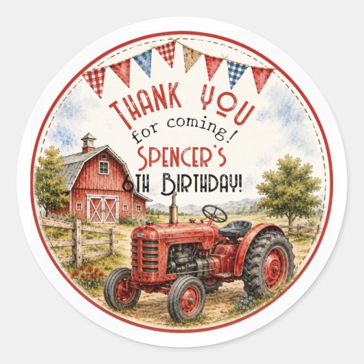 Waterverf Rode Tractor Verjaardag Bedankt Sticker (Voorkant)