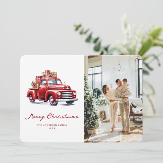 Waterverf rode truck foto vrolijke kerst Kaart (Staand voorkant)