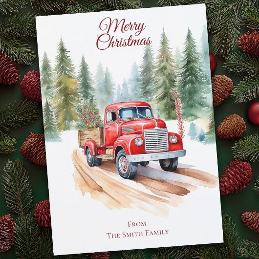 Waterverf  Rode Truck Kerst Kaart