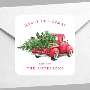 Waterverf Rode Truck Vintage Kerstmis Vierkante Sticker
