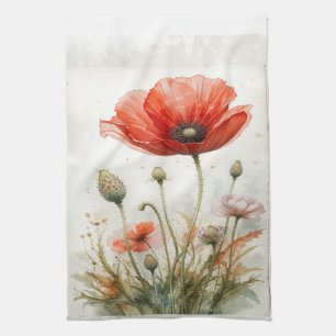 Waterverf Rode Tuin Bloem Poppy Floral Theedoek