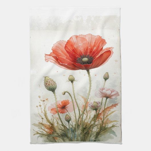 Waterverf Rode Tuin Bloem Poppy Floral Theedoek (Verticaal)