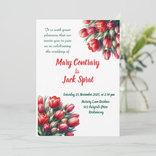 Waterverf rode tulp boeket huwelijksuitnodiging kaart (Staand voorkant)