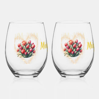 Waterverf rode tulp bruiloft wijnglas Mr & Mrs. Wijnglas Zonder Voet