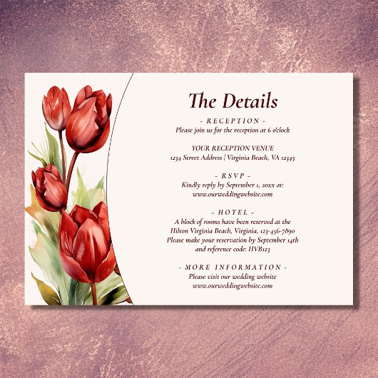 Waterverf rode tulp lente bloemenbruiloft details informatiekaartje