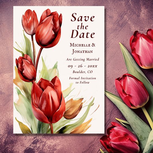 Waterverf rode tulpen lente bloemenbruiloft save the date