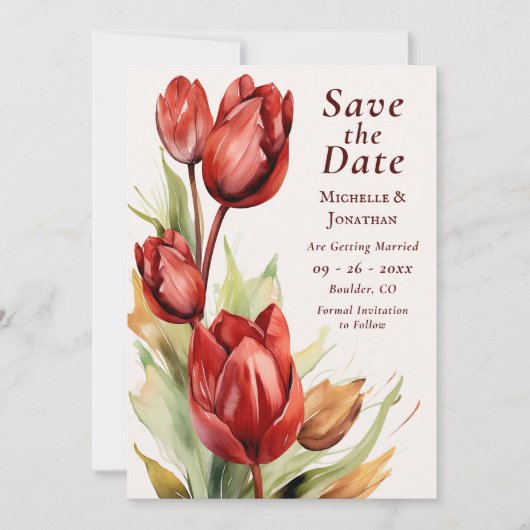 Waterverf rode tulpen lente bloemenfoto bruiloft save the date (Voorkant)