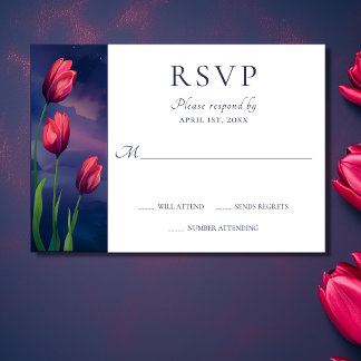 Waterverf Rode Tulpen, Sterren en Volle Maan Bruil RSVP Kaartje