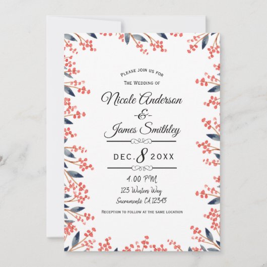 Waterverf rode vakantie winterbessen bruiloft kaart (Voorkant)