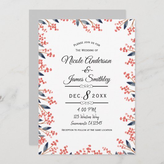 Waterverf rode vakantie winterbessen bruiloft kaart (Voorkant / Achterkant)