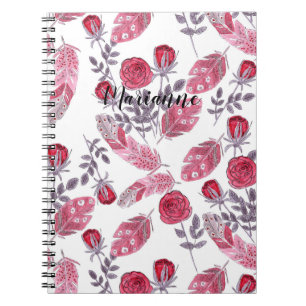 Waterverf rode veren bloemen wit, beide notitieboek