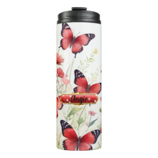 Waterverf Rode Vlinder Bloemen Thermische Tumbler Thermosbeker