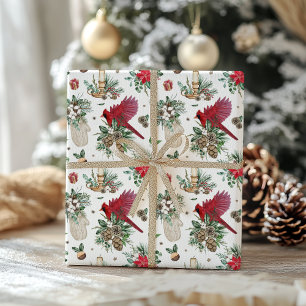 Waterverf Rode Vogel en Wintergroen Kerst Cadeaupapier