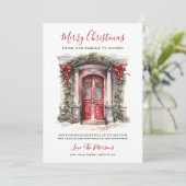 Waterverf Rode voordeur Vrolijk kerstfeest Feestdagenkaart (Staand voorkant)
