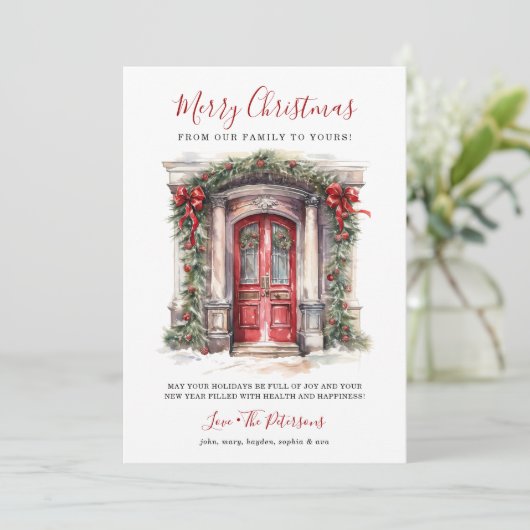 Waterverf Rode voordeur Vrolijk kerstfeest Feestdagenkaart (Staand voorkant)
