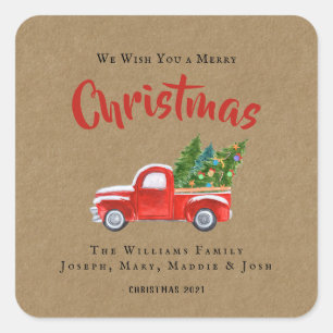 Waterverf Rode Vrachtwagen en Boom Naam Kerstmis Vierkante Sticker