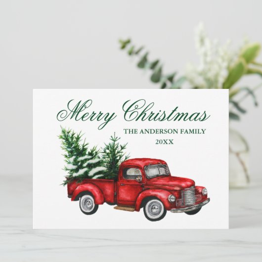 Waterverf  Rode Vrachtwagen Kerst Feestdagenkaart (Staand voorkant)