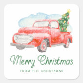 Waterverf  Rode Vrachtwagen Kerst Vierkante Sticker (Voorkant)