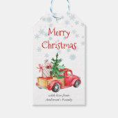 Waterverf  rode vrachtwagen met kerstboom cadeaulabel (Voorkant)