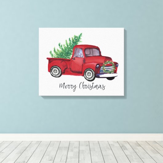 Waterverf rode vrachtwagen voor kerstmis canvas afdruk (Insitu (Houten vloer))