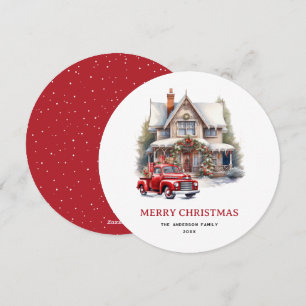 Waterverf Rode Vrachtwagenhuis Vrolijke Kerstmis K Feestdagenkaart