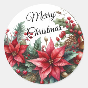 Waterverf rode vrolijke kerstbloem ronde sticker