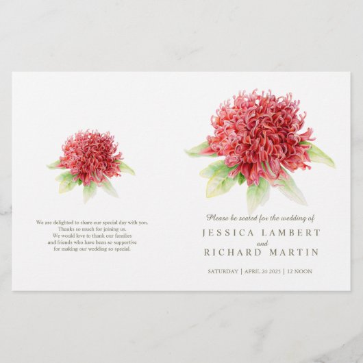 Waterverf rode waratah trouwprogramma (Voorkant)